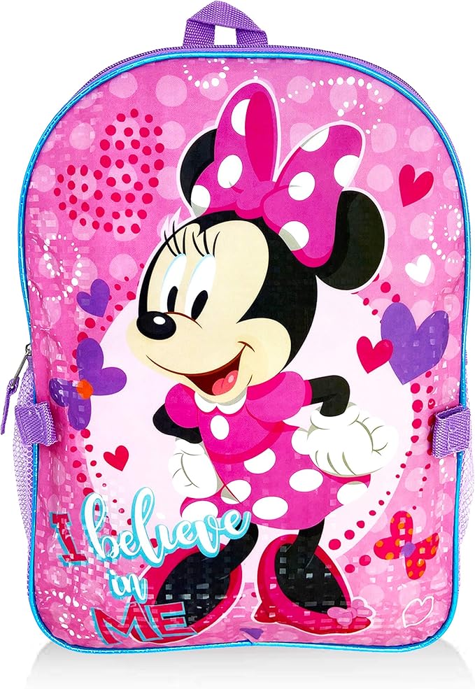 Disney Minnie Mouse Backpack with Lunch Box for Girls 5 Pc Bundle ~ Deluxe 16" Minnie Bag, Insulated Lunch Bag, Stickers, and More (Minnie Mouse School Supplies)