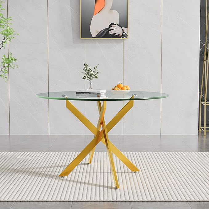 47.24" Round Glass Dining Room Table for 6 with Tempered Glass Top and Gold Metal Legs, Modern Clear Kitchen and Dinner Table for Home Office Dining Room