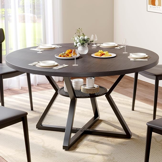 Concho 47" Round Kitchen Dining Room Table for 4-6,Circle Dining Dinner Table with Pedestal Metal Frame,Space Saving Wood Kitchen & Dining Room Furniture, Grey