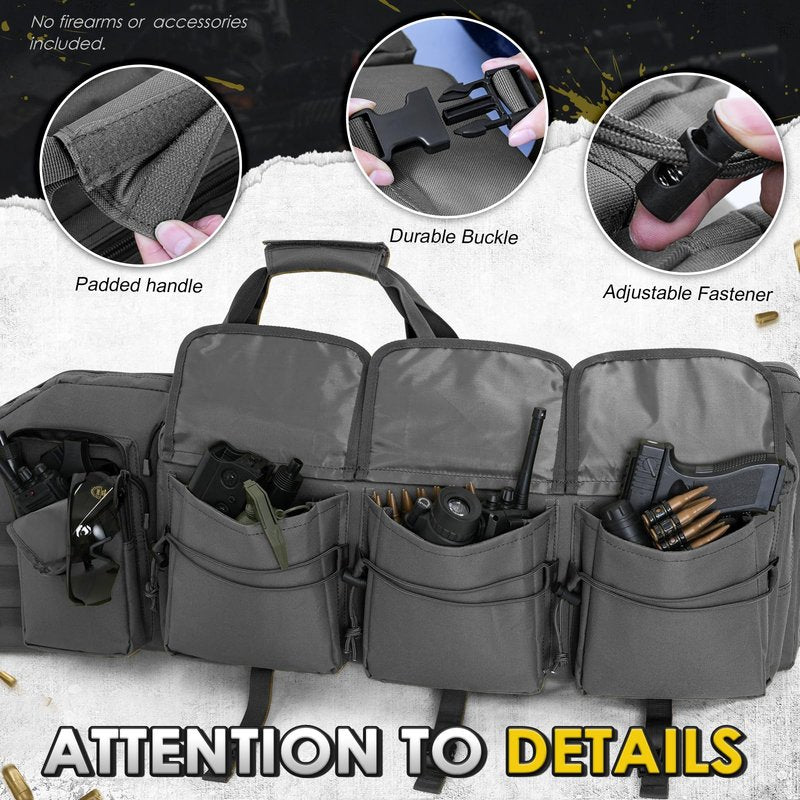 DULCE DOM Double Rifle Case 42'' Soft Gun Bag Tactical Backpack with Movable Divider for Hunting Shooting Range, MOLLE System Multiple Magazine Pouches & Accessory Bags (GREY)