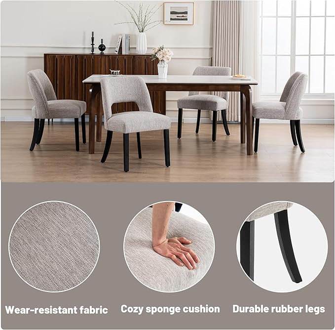 VKNOW Wooden Dining Chairs Set of 4, Modern Fabric Upholstered Dining Room Chair Kitchen Chairs, Farmhouse Dinner Chair for Kitchen Dining Room, Grey-Black Legs