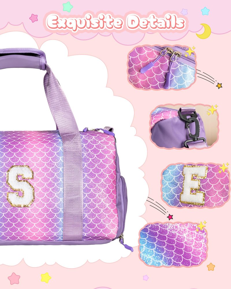 Vogewood Gifts for 3 4 5 6 7 8 9 Year Old Girls-Girl Gym Bag with Shoe Compartment, Kid Personalized Weekender Overnight Bags, Initial Travel Tote with Makeup Pouch, Easter Gift for Teen (Letter C)