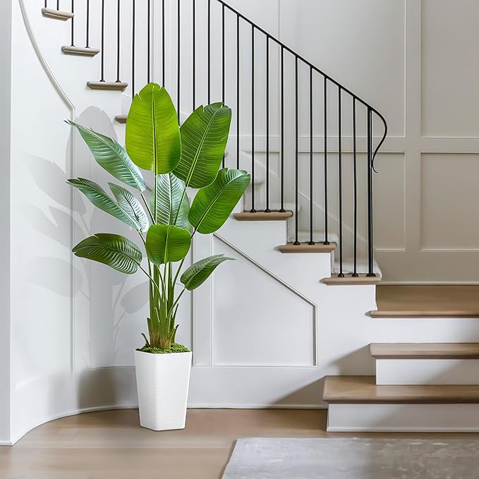 Bird of Paradise Artificial Plant, 5FT Faux Plants Indoor Banana Leaf Tree with 9 Leaves, Large Fake Tropical Potted Indoor Silk Floor Plant with White Tall Planter for House,Office,Room,Home Decor