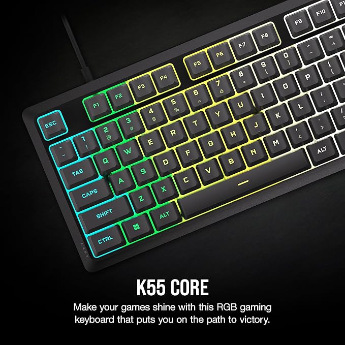 Corsair K55 CORE RGB Membrane Wired Gaming Keyboard – Quiet, Responsive Switches – Spill Resistance – Ten-Zone RGB – Media Keys – iCUE Compatible – QWERTY NA – PC, Mac – Gray