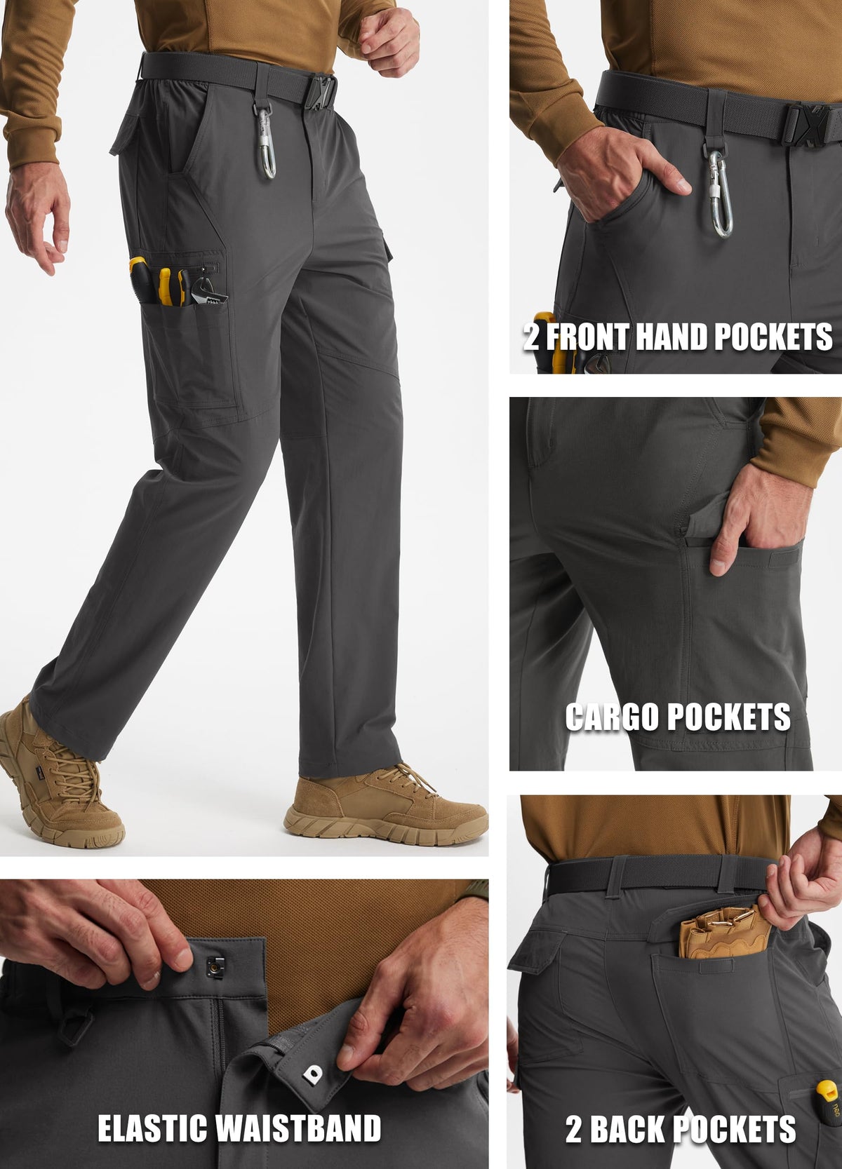 Libin Men's Work Pants Hiking Cargo Pants Water Resistant Stretch Tactical Outdoor Trousers with 9 Pockets, Dark Grey, 34W x 32L