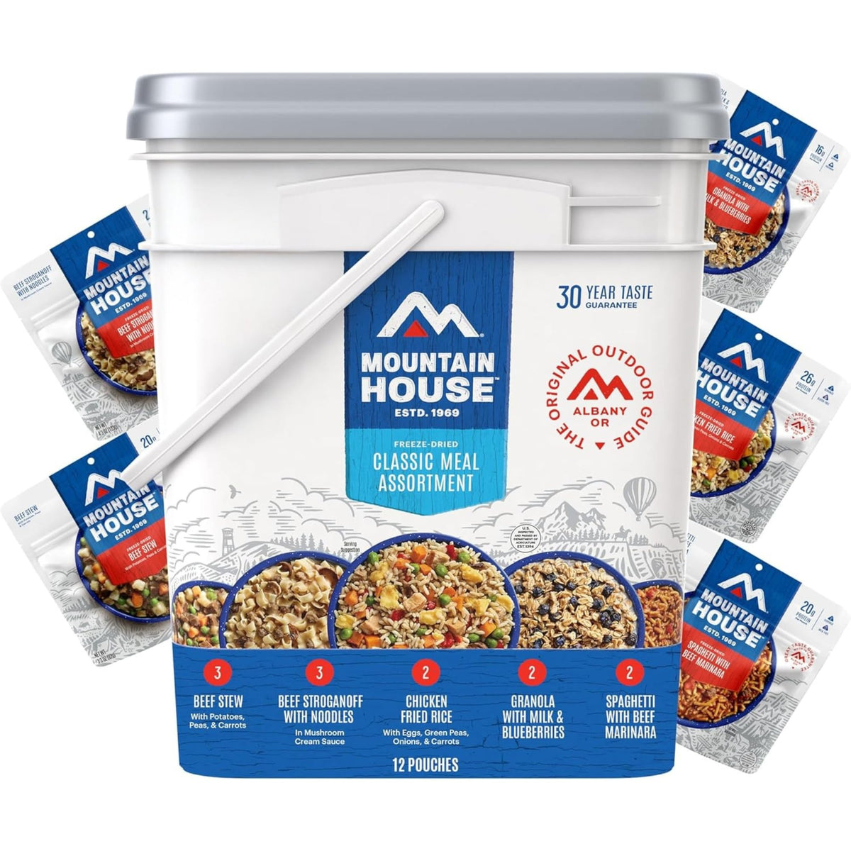 Mountain House Classic Meal Assortment Bucket Freeze Dried Backpacking & Camping Food 24 Servings