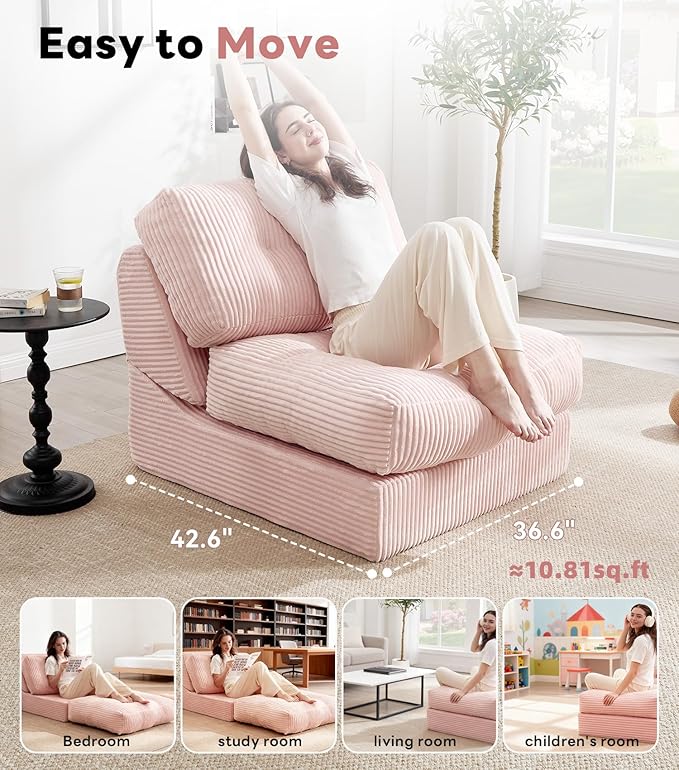 Tbfit 35.8'' Folding Sofa Bed, Convertible Sleeper Chair with Large Pillow, Corduroy Folding Couch Bed, Portable & Foldable Mattress Boneless Floor Single Sofa for Living Room, Bedroom, Office, Pink