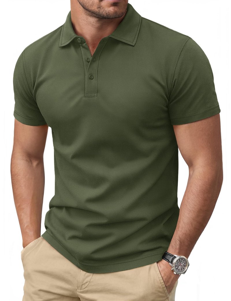 Cotrasen Polo Shirts for Men Cotton Short Sleeve 3 Buttons Classic Fit Casual Performance Soft Cooling Golf Tee Shirts Army Green XL