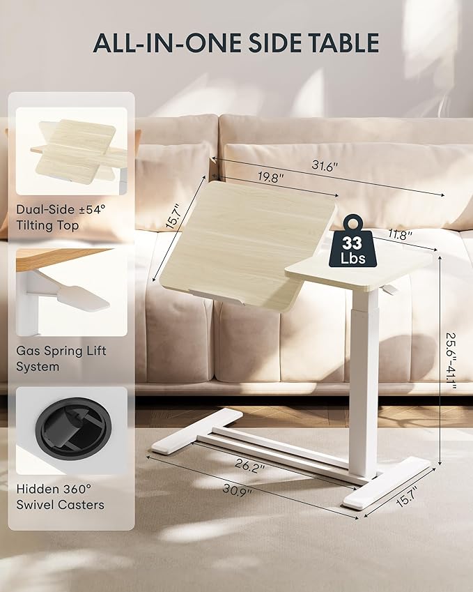 FLEXISPOT Adjustable Height C-Shaped End Table with Split Tilting Top – Mobile Side Table for Sofa & Bedside, Slides Under Furniture, Hidden Wheels for Small Spaces(31.6"W x 15.7"D,White Wood Grain)