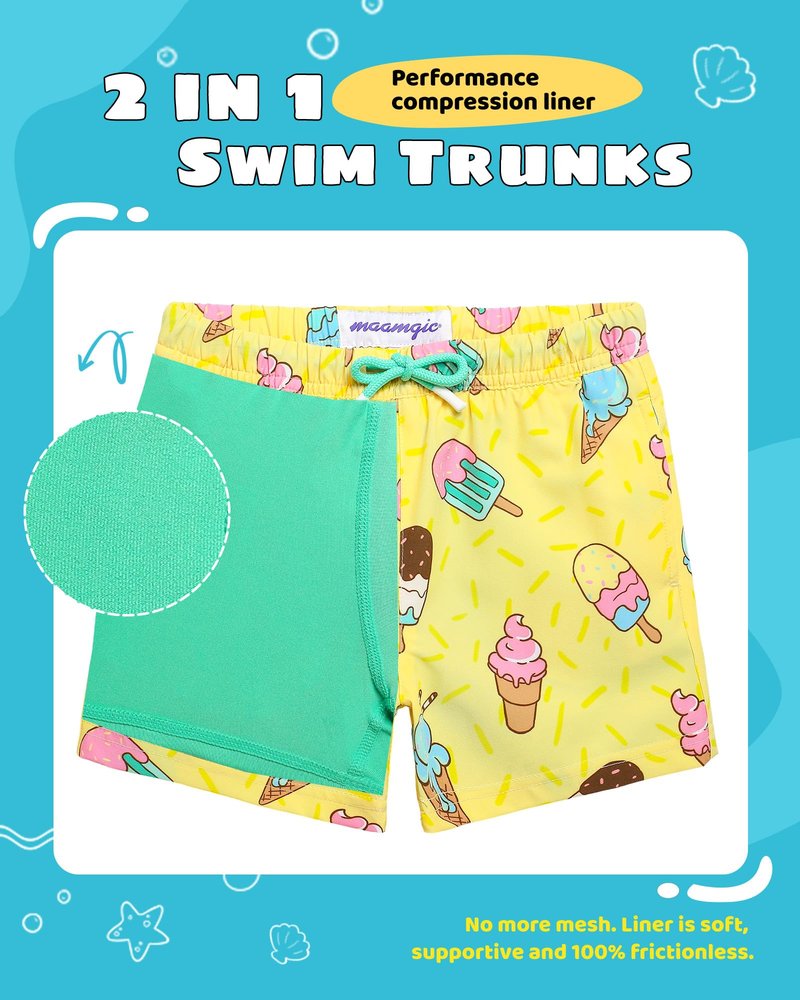 maamgic Boys Swim Trunks with Compression Liner Toddler Stretch Swim Shorts Quick Dry Swimming Trunks Boxer Brief 2 in 1 Beach Shorts Yellow Ice Cream 3T
