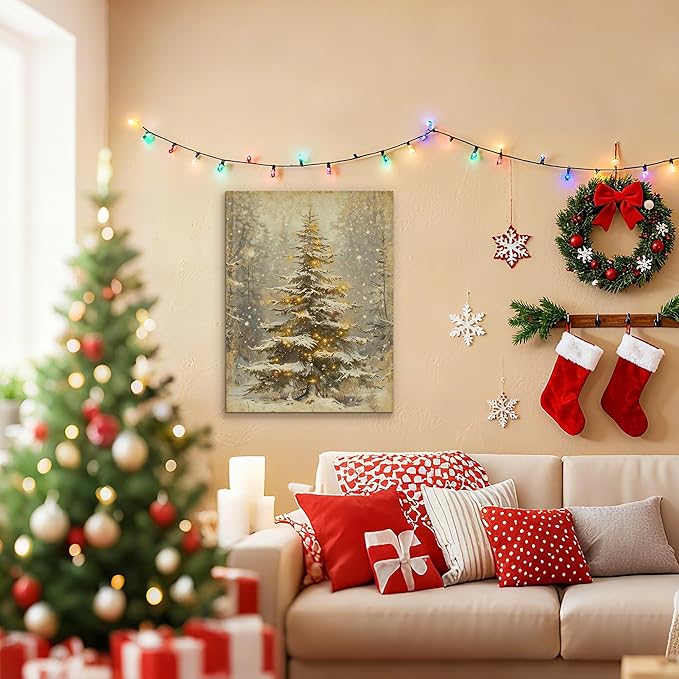 Framed Christmas Pictures Wall Decor,Vintage Pine Tree Prints,Winter Christmas Canvas Wall Art Decoration for Bedroom Bathroom Living Room Rustic Xmas Holiday Gifts (Christmas Tree 2, 11'' X 14'')