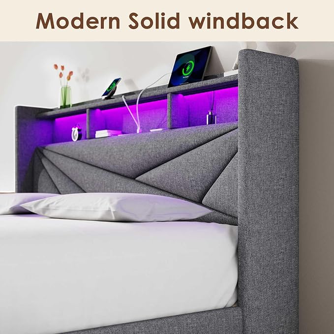 LED Queen Bed Frame with 2 Storage Drawers, Upholstered Bed Frame Queen Size with Headboard and Charging Station, No Box Spring Needed, Easy to Assembly-Light Grey