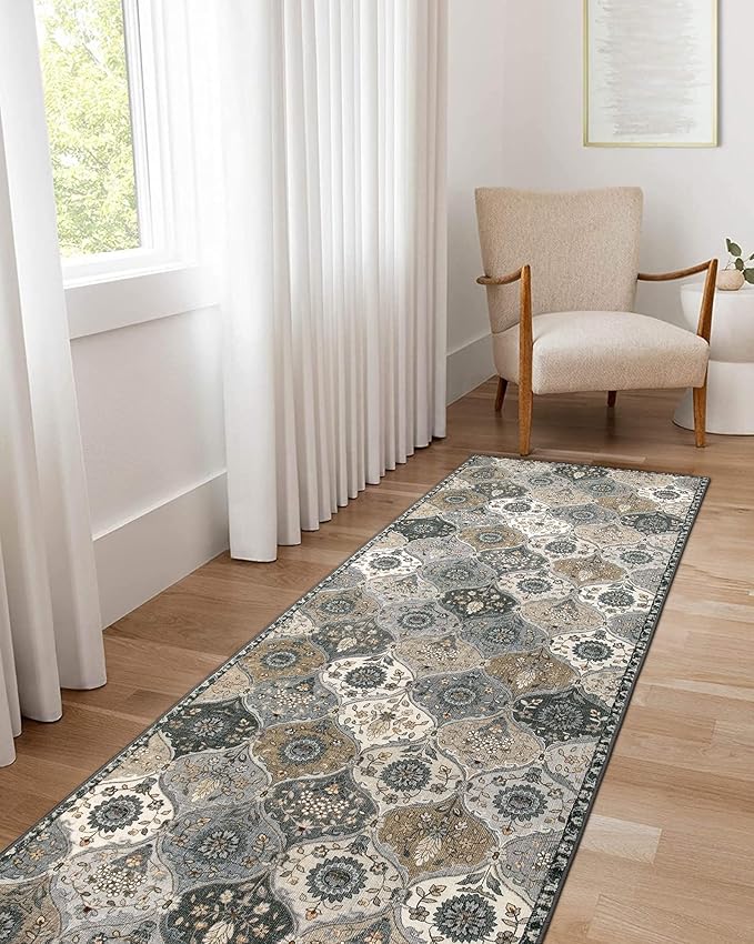 Lahome Moroccan Kitchen Runner Rug, 2'5''x8' Ultra-Thin Soft Washable Runner Oriental Non-Slip Hallway Rug Indoor Throw Carpet for Entryway Bedroom Laundry Room Foyer, Grey