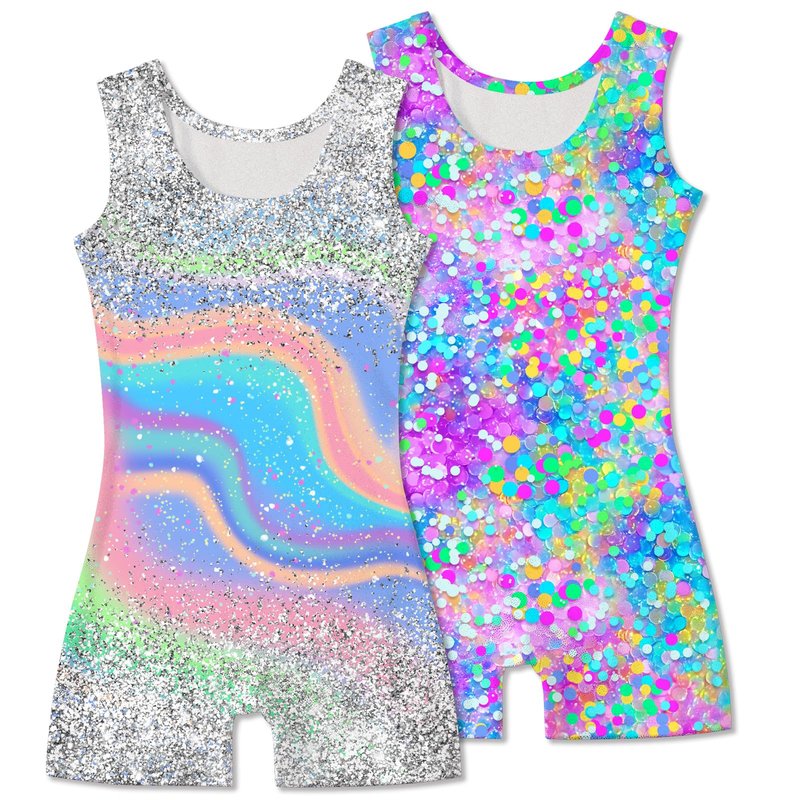 Taubow 2 Packs Gymnastics Leotards for Girls Size 6 7 Kids Biketard with Shorts Gradient Tie Dye Diamond Dance Leotard