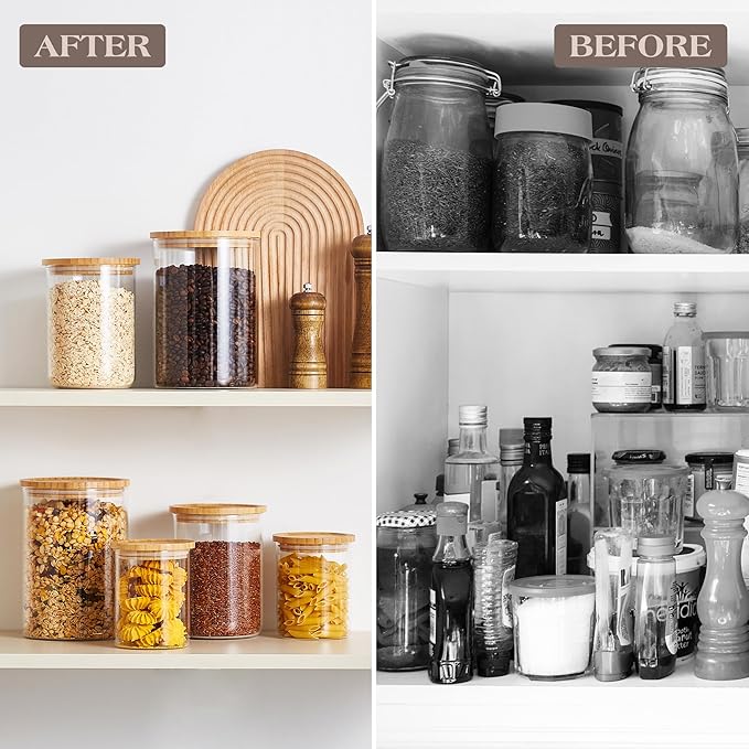 Amisglass Glass Storage Containers with Wooden Lids, Airtight Canister for Kitchen Countertop Set of 3,Large Flour and Sugar Containers for Candy, Cookie, Rice, Coffee Beans, Snacks, Spices