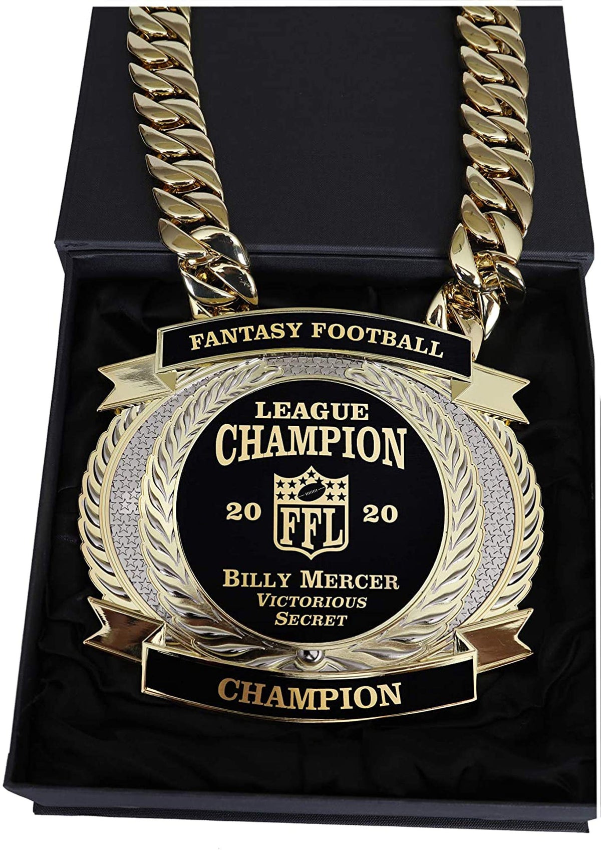 Championship Belt, New Neck Version, Bling Thing, Giant Heavy Neck Chain and Customizable, Personalized, All Sports, Fantasy Football, Sales Contests, Satin Lined Gift Box, Scratch Resistant Engraving