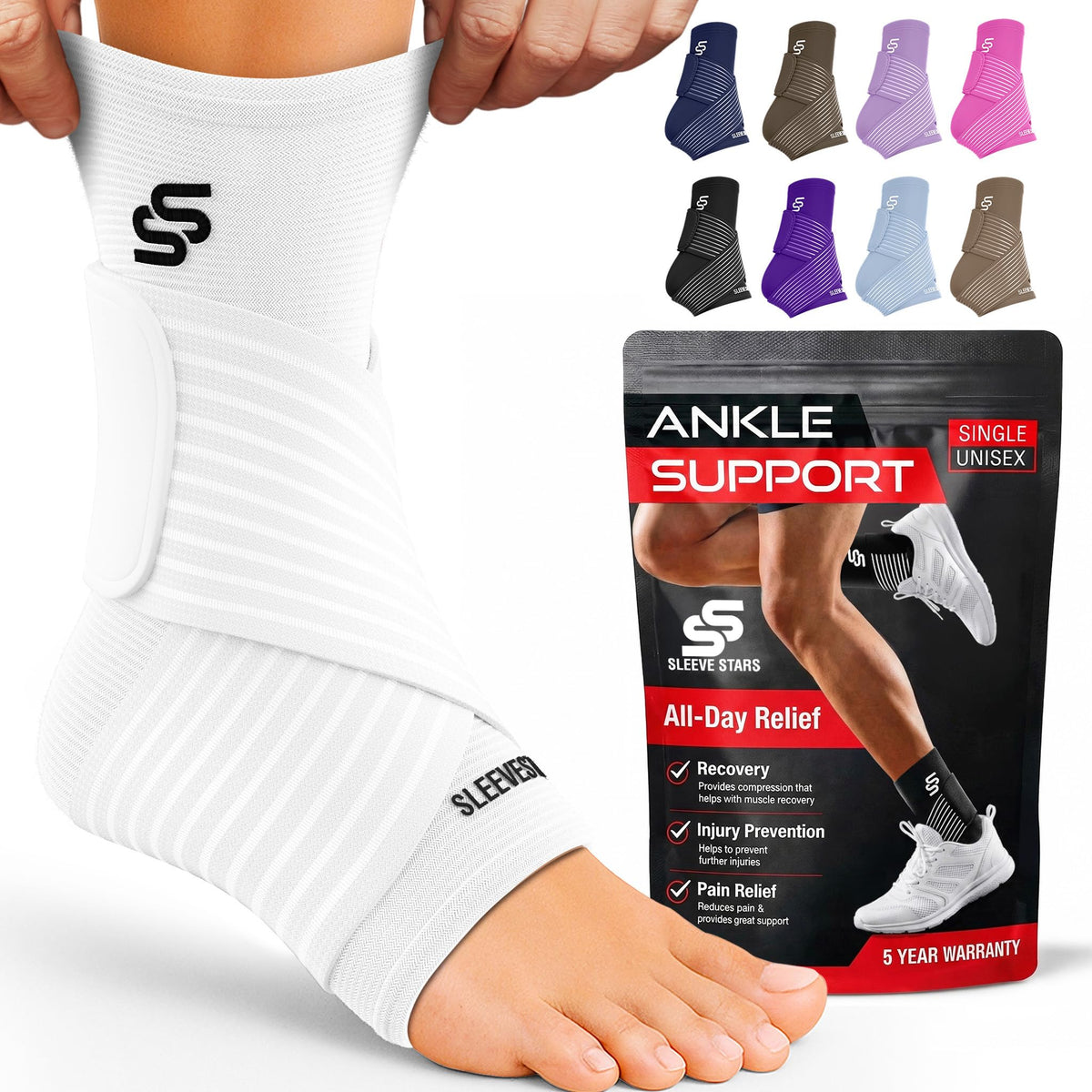 Sleeve Stars Ankle Brace for Women & Men, Ankle Wrap for Sprained Ankle, Compression Sleeve for Plantar Fasciitis Relief, Easy Customizable Support: w/Removable Strap (Single/M:10"-12"/White)