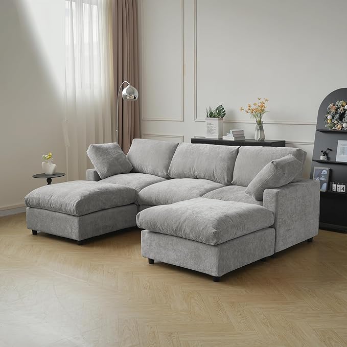 JACH U Shape Sectional Couches for Living Room, Convertible Modular Sofa with Ottomans, Cloud Sectional Couch, Sofa Covers Washable, Minimalist Couch for Living Room, Apartment, Light Grey