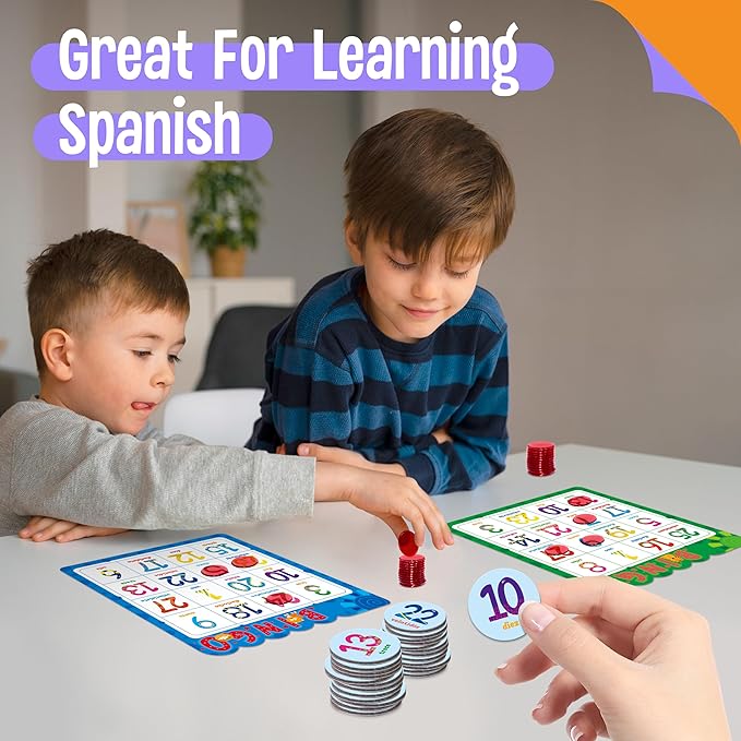 SpriteGru Spanish Bingo Game, 12 Bingo Board Spanish Letters, Numbers & Words Vocabulary Game, Early Educational Toys for Learning - Ages 4 and up, Perfect for Classroom & at Home (Up to 12 Players)