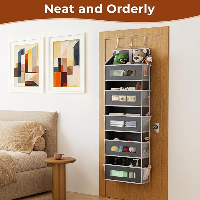 5 Tier Over The Door Organizer - Large Capacity Behind Door Hanging Shelves with 10 Mesh Pockets and Clear Windows, Closet Organizers and Storage for Bathroom, Bedroom, Nursery, 3 Pack Grey