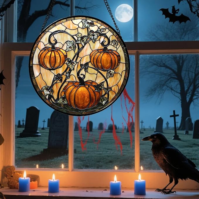 Stained Glass Window Hanging - Halloween Decoration Orange Pumpkin Vine Leaves Suncatcher for Door Garden Spooky Sun Catchers Gothic Decor Horror Gifts for Women Men Friend Boy Girl 15 in