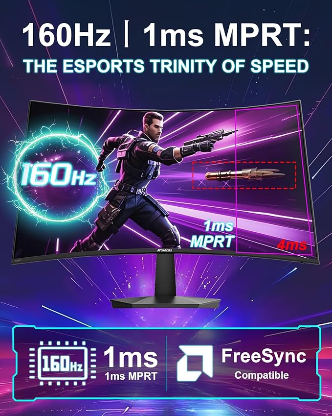 SANSUI 27 Inch Curved 160Hz Gaming Monitor, 1500R Curved Computer Gaming Monitor FHD 1080P, 4000:1, 110% sRGB, FPS/RTS, 1Ms MPRT|FreeSync|HDR|Low Blue Light|HDMI DP| VESA Support, HDMI Cable Incl.