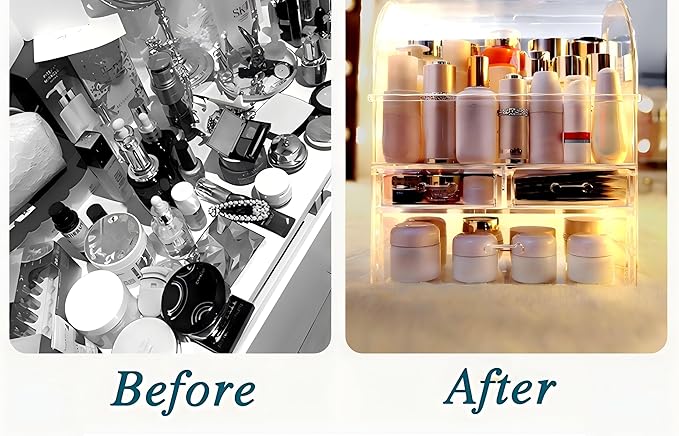 Large Acrylic Makeup Organizer With Lid Portable Dustproof And Waterproof Cosmetic Storage Drawers Box For Women (Clear, 12.5in x 9.5in x 6.3in)
