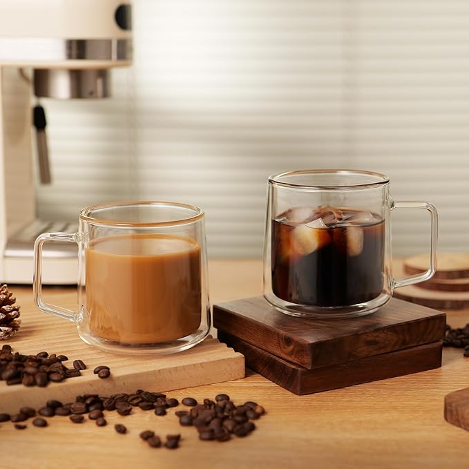 CNGLASS 15oz Double Walled Glass Coffee Mugs,Large Insulated Glass Mugs with Handle,Clear Coffee Cups for Espresso,Latte,Cappuccino,Tea,Set of 2
