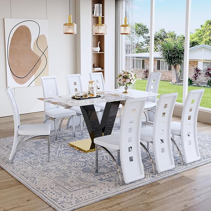 71'' Dining Table Set for 8,Rectangular Dining Room Table Set for 8,Marble Dining Table with 8 PU Leather Dining Chairs,Gold Dining Room Table with Glossy V-Shaped Base Ideal for Kitchen