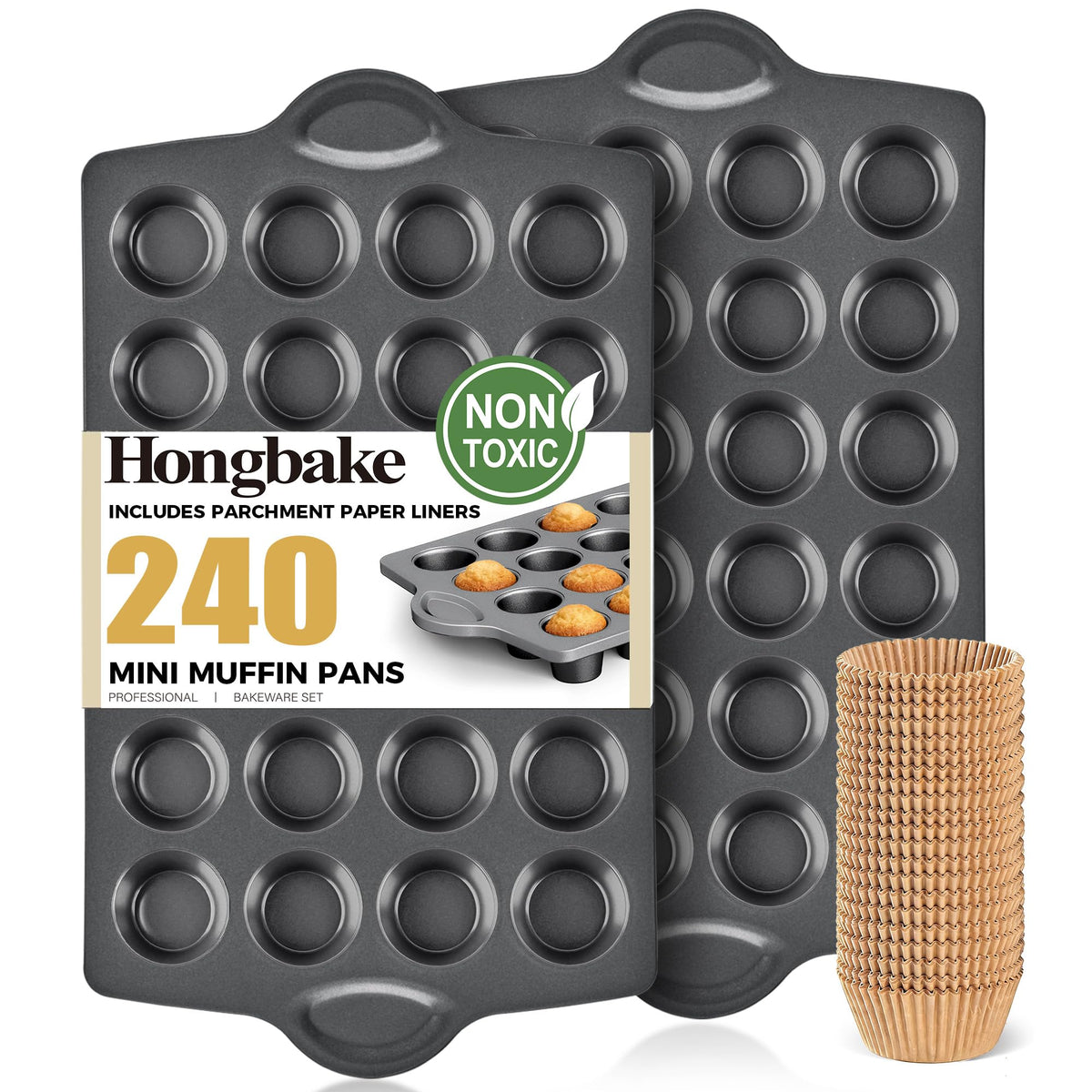 HONGBAKE Muffin Pan for Baking, Nonstick Cupcake Tin 12 Cup, 2 Pack Cup Cake Tray, Premium Cheesecake Pans, Dishwasher Safe - Dark Grey