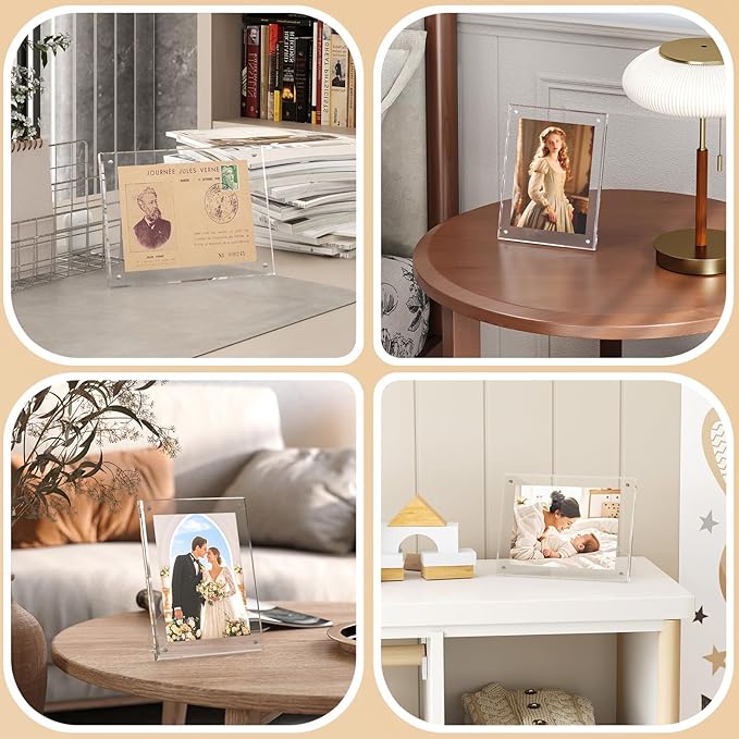 Egofine 4x6 Acrylic Frames Set of 3, Clear Picture Frames with Stand, Magnetic Acrylic Photo Frames for Tabletop Display Horizontally or Vertically
