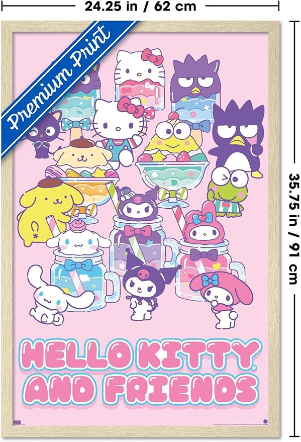 Trends International Hello Kitty and Friends: 24 Summer Fresh - Group Wall Poster, 34L x 22.4W, Blonde Framed Version