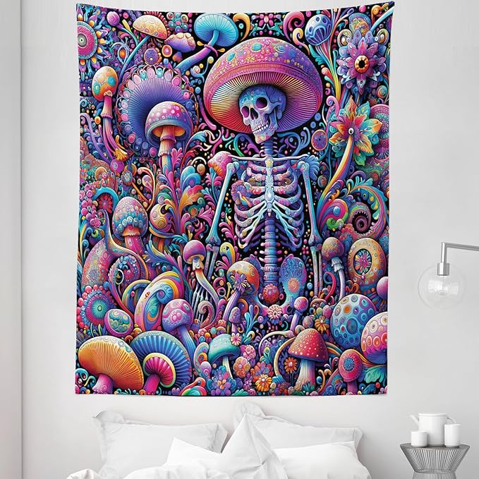 Ambesonne Trippy Tapestry Twin Size, Rave Tone Psychedelic Skeleton Mushroom Huddles Psychedelic Jungle, Wall Hanging Bedspread Bed Cover Wall Decor, 68" X 88", Magenta Indigo Multicolor