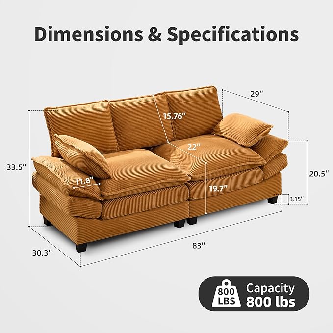83" Loveseat Sofa, Cloud Couches for Living Room, Comfy Corduroy Couch with Deep Seat, Love Seat Couches for Bedroom, Apartment and Office, Easy Assemble for Small Space (Yellow)
