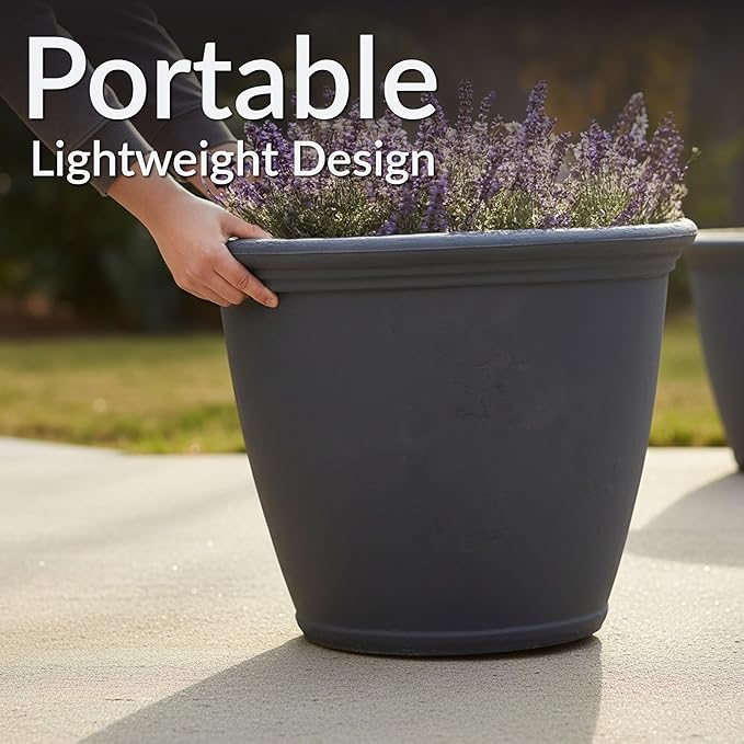 Sunnydaze 24-Inch Anjelica Large Plastic Pot for Plants - Double-Walled Outdoor Polyresin Round Planter Porch Pot with Drillable Drainage Holes - Slate - 2pk