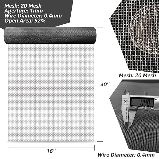 16x40 Inch Wire Mesh Roll, 20 Mesh Stainless Steel Mesh, Never Rust Sturdy
