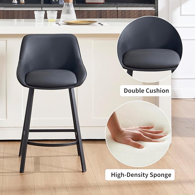 26" Modern Bar Stools Set of 2, Faux Leather Upholstered Bar Stools, Counter Height Bar Chairs with Back for Kitchen, Dining Room, Cafe, Bar - Black
