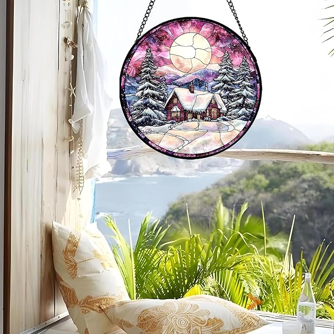Stained Glass Window Hanging - Winter Snow Scene Cabin Moon Sun Catcher for Door Garden Home Decor Pine Tree Suncatcher Christmas Mother's Day Birthday Gifts for Women Men Mom Nana 7.8 in