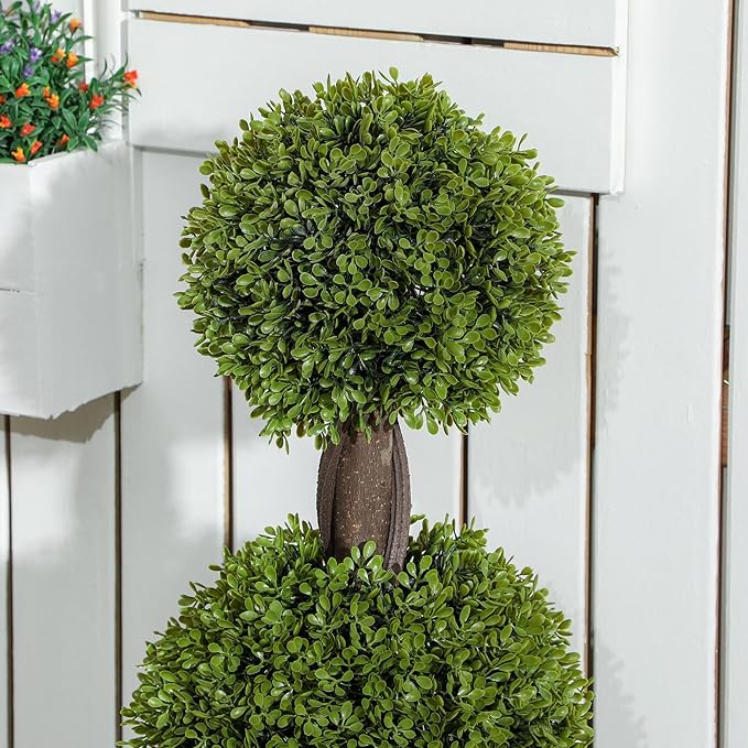 HOMCOM Artificial Plants, Set of 2 Decorative Topiary Ball-Shaped Boxwood Trees in Pots, Fake Plants for Home Indoor Outdoor Decor, 45.3 Inch, Green