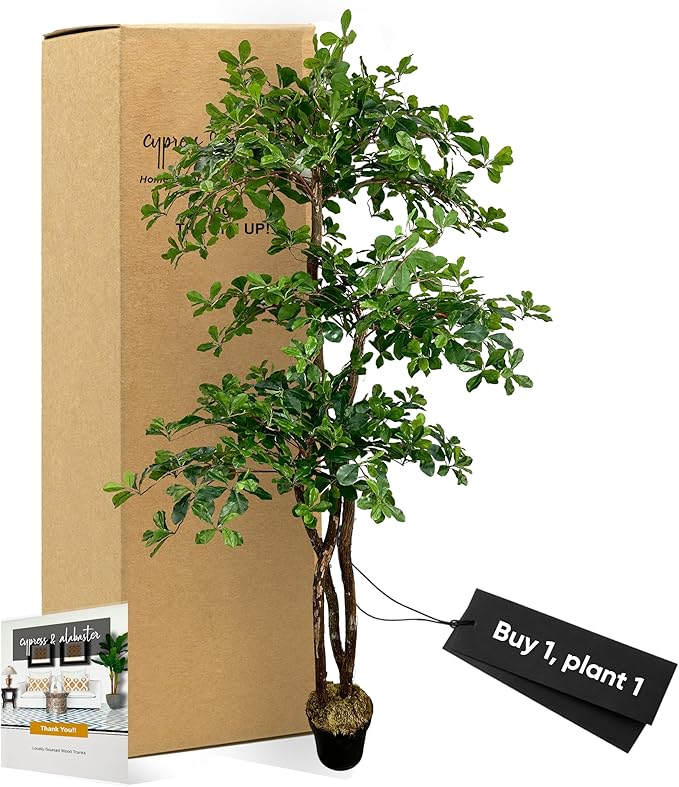 Cypress & Alabaster Handmade 6.5ft 3-Tier Italian Black Olive Leaf Artificial Tree with Ethically Sourced Real Wood Trunks, Hypoallergenic, 6.5-Foot, Green