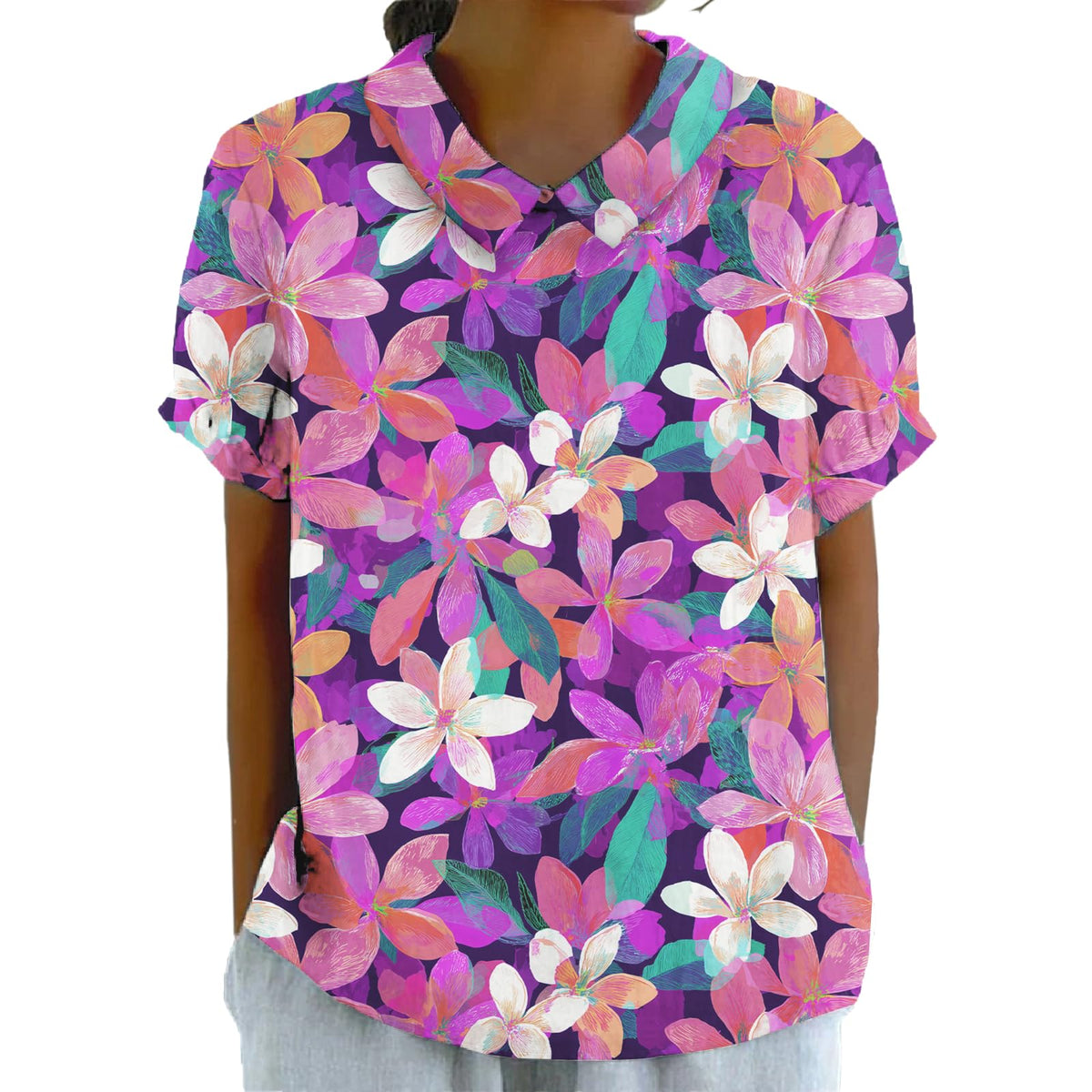 Summer Hawaiian Style Casual Shirts for Women Comfy Lightweight Short Sleeve Tee Flowy Collared Neck Trendy Top