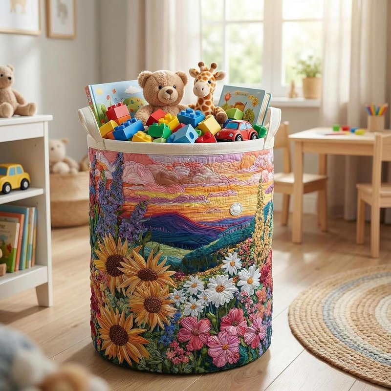 Quilted Laundry Basket With Handles,boho fabric storage basket,multi-functional clothes storage basket，Lightweight and foldable design (Style E, S：14in*18in)