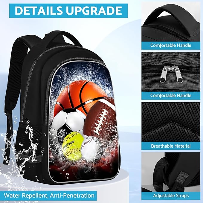 School Backpack for Boys - Sports Boys Backpack for Kids Children Teens Elementary Middle School - Students Bag for Ages 6-18,17″Bookbag Multifunctional Large Capacity