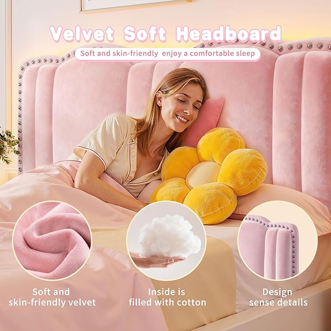 EnHomee Queen Bed Frame with LED, Velvet Upholstered Cloud Headboard and 2 Drawers, Bed Frame Queen Size with Height Adjustable Headboard, Solid Wooden Slats, No Box Spring Needed, Easy Assembly, Pink