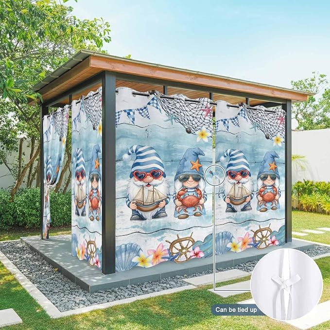Ocean Gnome Outdoor Curtains for Patio Summer Marine Plumeria Shell Wood Blue
