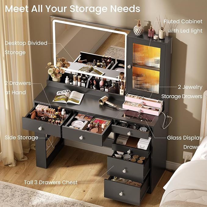 Makeup Vanity Desk with Mirror and Lights & Large LED Cabinet, Vanity Table with 2 Jewelry Boxes, 6 Drawers, and Built-in Shelves, Dressing Table with Power Outlets for Women Girls Bedroom, Black