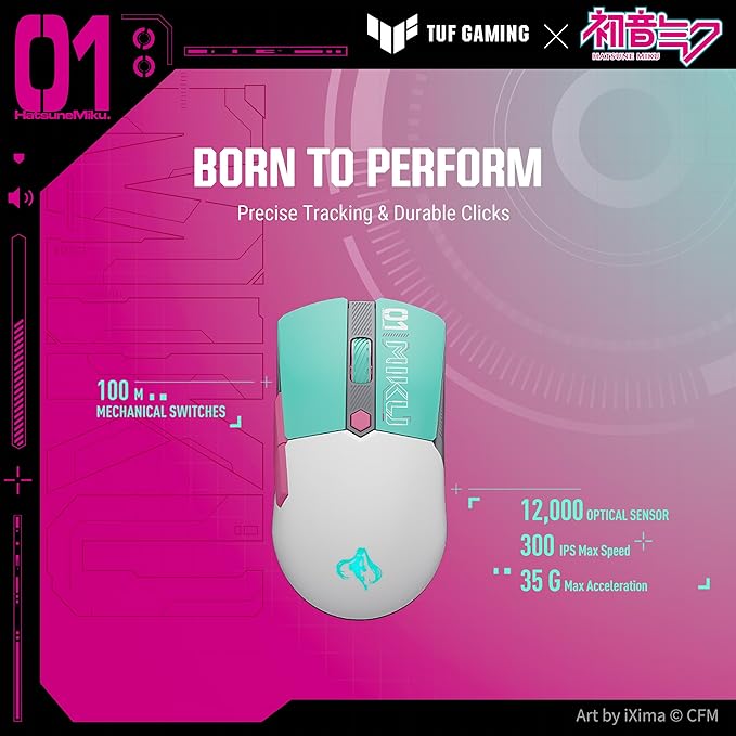 ASUS TUF Gaming Hatsune Miku Edition Mini Wireless Mouse – Right-Handed, 65g Lightweight, Compact, Tri-Mode Connectivity, 12K DPI, up to 134Hr Battery, RGB Miku Logo, PC/Mac Support - Aqua