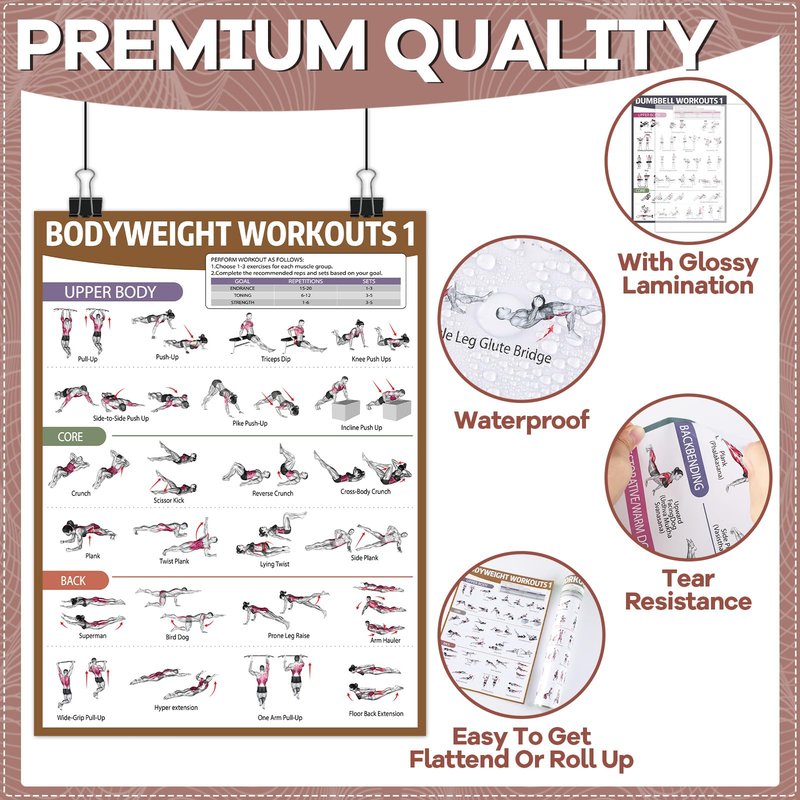 gisgfim 6PCS Workout Posters Dumbbell Bodyweight Stretching Workout Exercise Chart for Home Gym Full Body Routine Poster Set Muscle Engagement Exercise Illustrations Garage Home Gym Wall Decorations