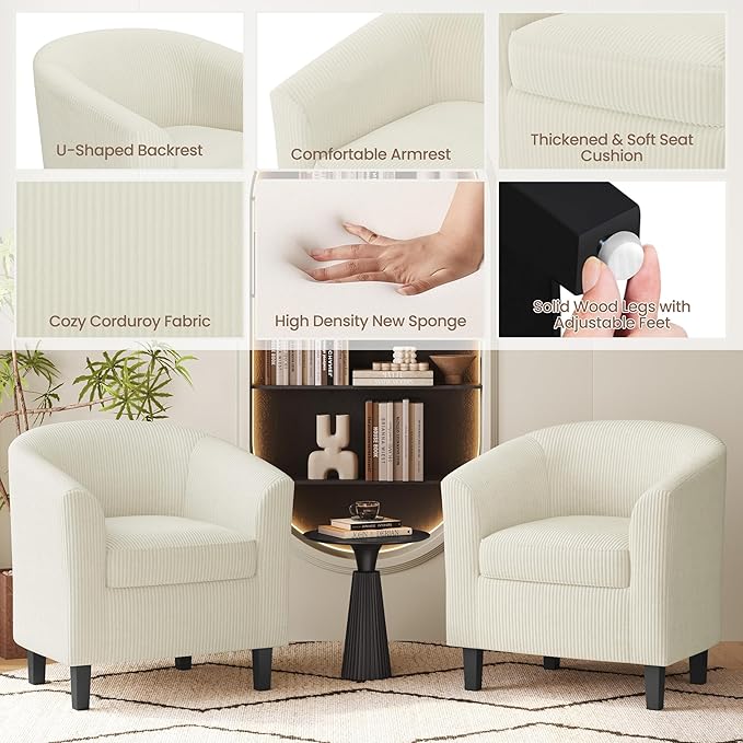 Yaheetech Corduroy Barrel Chairs Set of 2, Upholstered Club Chairs, Round Armchairs Waiting Room Chairs with Soft Cushion for Living Room Bedroom Reading Room, Beige