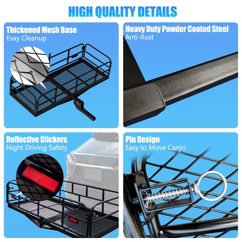 KAIRAY 500 Lbs Heavy Duty Hitch Mount Cargo Carrier 60"x24"x14.4" Folding Cargo Rack Rear Luggage Basket Fits 2" Receiver for Car SUV Camping Traveling with Hitch Stablizer Cargo Net Ratchet Straps